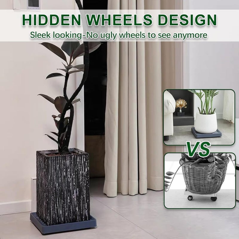 Dcpes Store 14.5” Plant Caddy with Wheels, Square Rolling Plants Stand Saucer with Hidden Casters, Indoor Plant Tray, Heavy Duty Wheeled Plant Dolly, Planter Caddies Pots Mover Holders, Gray, 2 Pack - Image 4